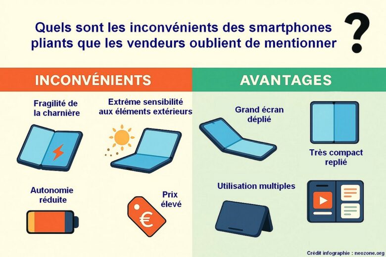 Infographie : avantages et inconvénients des smartphones pliants, entre fragilité, prix élevé et grand écran déplié.
