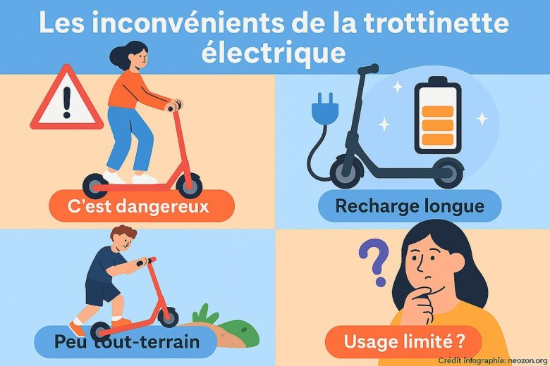 Infographie : les principaux inconvénients de la trottinette électrique à connaître avant de se lancer.