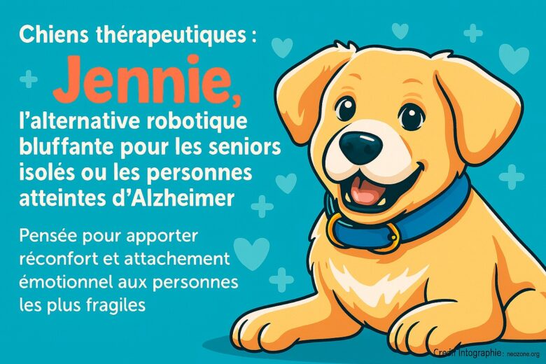 Infographie : Jennie, la chienne robot thérapeutique conçue pour apporter réconfort et soutien émotionnel aux seniors isolés et aux personnes atteintes d’Alzheimer.