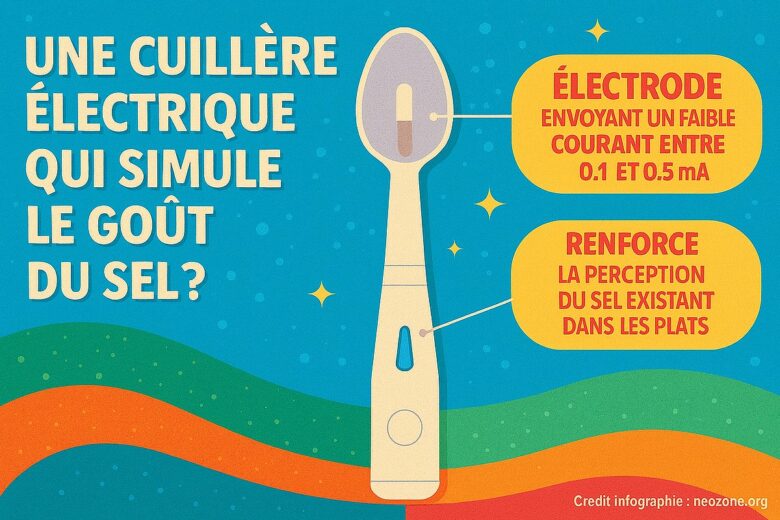 Infographie : fonctionnement de l’Electric Salt Spoon, la cuillère japonaise qui simule le goût du sel grâce à de légères impulsions électriques.