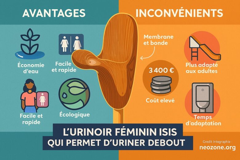 Infographie : Isis, l’urinoir féminin debout, une alternative écologique et pratique aux toilettes publiques classiques.