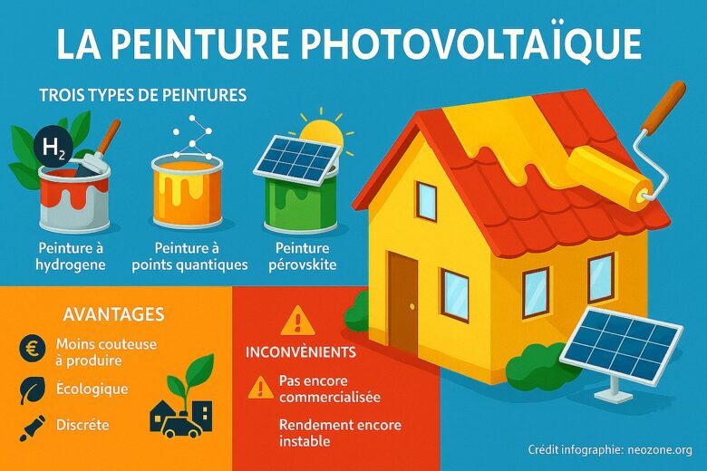 Infographie : les trois types de peintures photovoltaïques, leurs avantages et leurs inconvénients face aux panneaux solaires classiques.