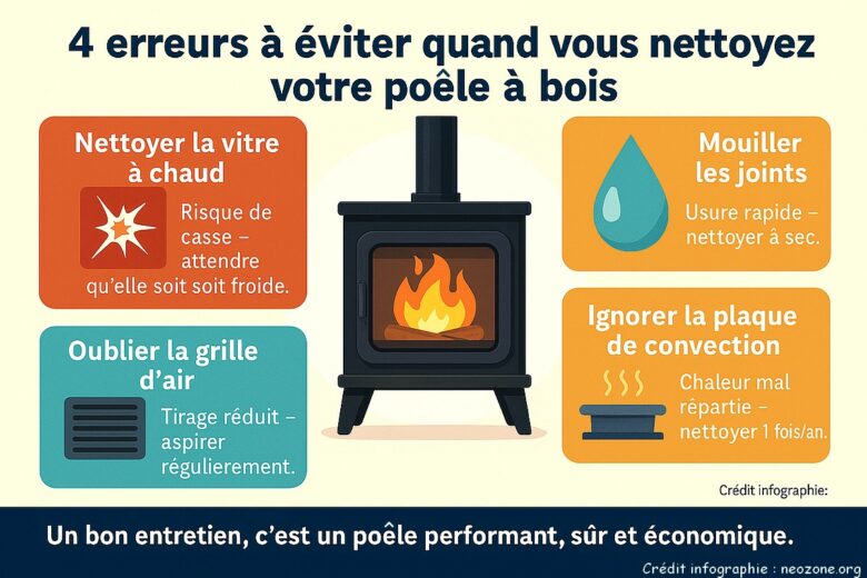 Infographie : 4 erreurs à éviter lors du nettoyage d’un poêle à bois, pour préserver ses performances, sa sécurité et sa longévité.