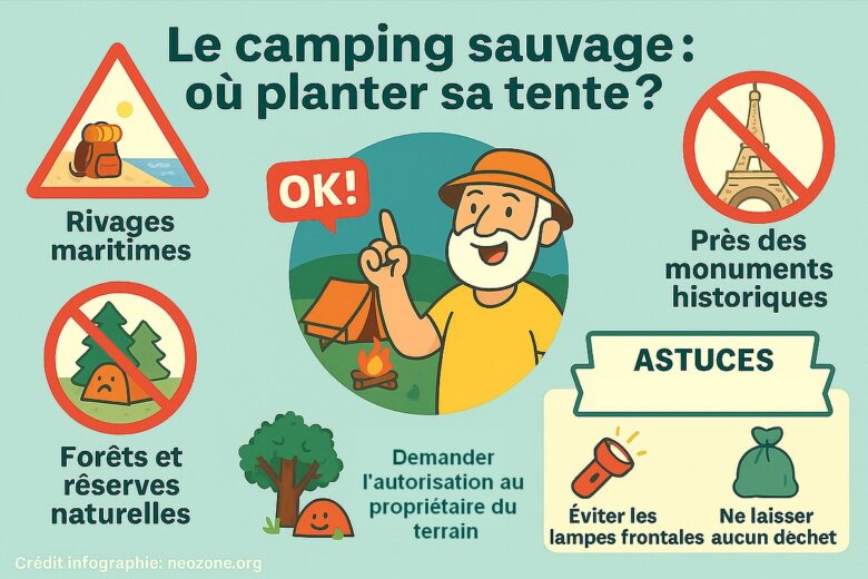 Infographie : règles essentielles et situations cocasses du camping sauvage pour éviter amendes salées et réveils surprises au lever du soleil.