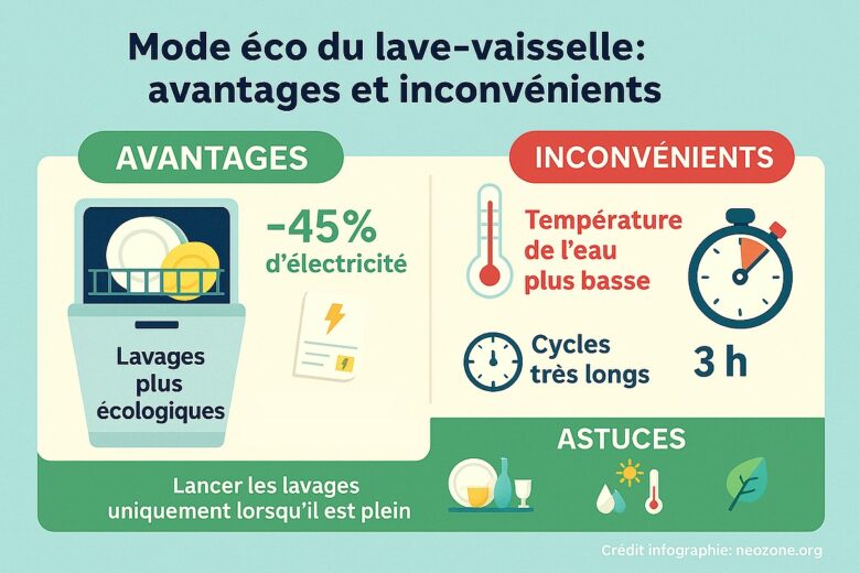 Infographie : avantages, inconvénients et astuces pour bien utiliser le mode éco de votre lave-vaisselle.