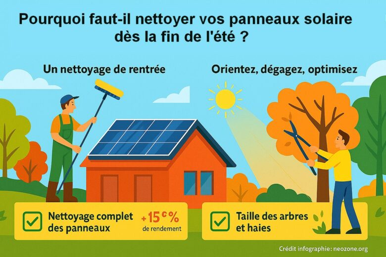 Infographie : actions simples à réaliser en septembre pour nettoyer, orienter et optimiser vos panneaux solaires avant l’hiver.