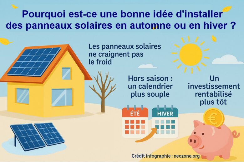 Infographie : pourquoi l’automne et l’hiver peuvent être de bons moments pour installer des panneaux solaires et rentabiliser plus tôt son investissement.