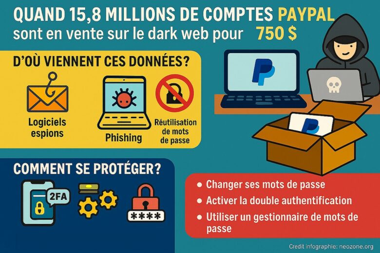 Infographie : 15,8 millions de comptes PayPal en vente sur le Dark Web et conseils pratiques pour protéger vos données personnelles.