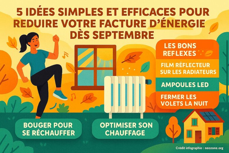 Infographie : 5 idées simples et efficaces pour réduire votre facture d’énergie dès septembre sans sacrifier votre confort.