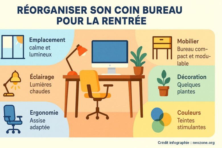 Infographie : conseils pratiques pour réorganiser son coin bureau à la rentrée et allier confort, efficacité et bien-être au quotidien.