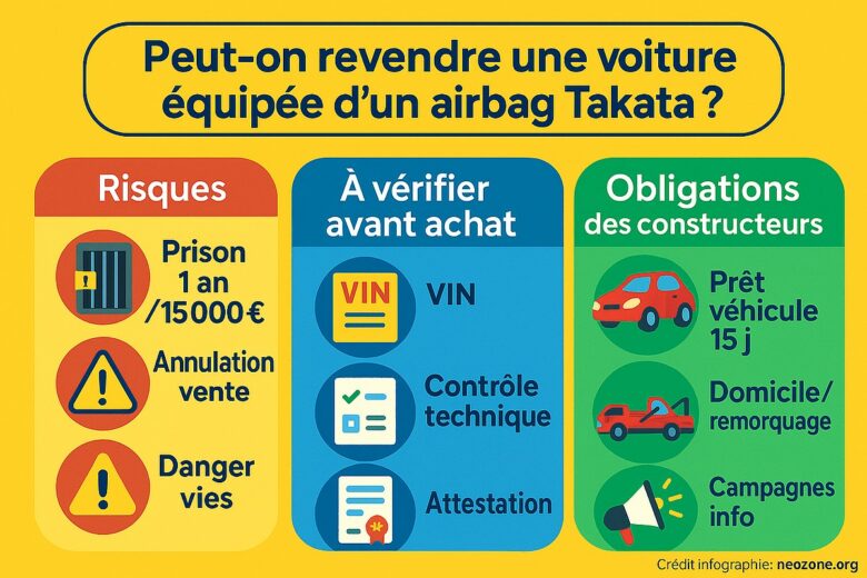 Infographie : points clés à connaître avant de revendre ou d’acheter une voiture équipée d’un airbag Takata, entre risques, vérifications et obligations légales.