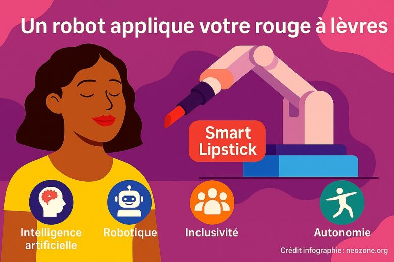 Infographie : le Smart Lipstick, un prototype inclusif qui applique parfaitement votre rouge à lèvres grâce à l’IA et à un bras robotisé.