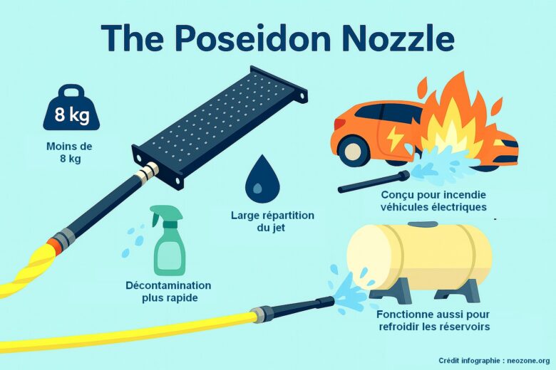 Infographie : les fonctionnalités clés de la Poseidon Nozzle pour combattre les incendies de véhicules électriques et refroidir les réservoirs.