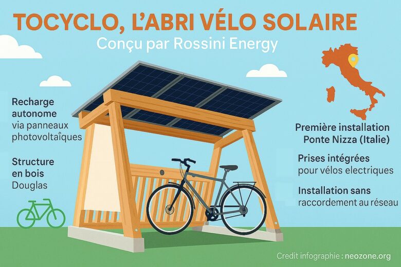 Infographie : Rossini Energy installe son premier abri solaire pour vélo, le Tocyclo, en Italie.