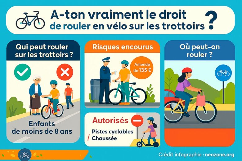 Infographie : ce que dit le Code de la route sur l’usage du vélo sur les trottoirs, entre interdictions, exceptions et amende de 135 €.