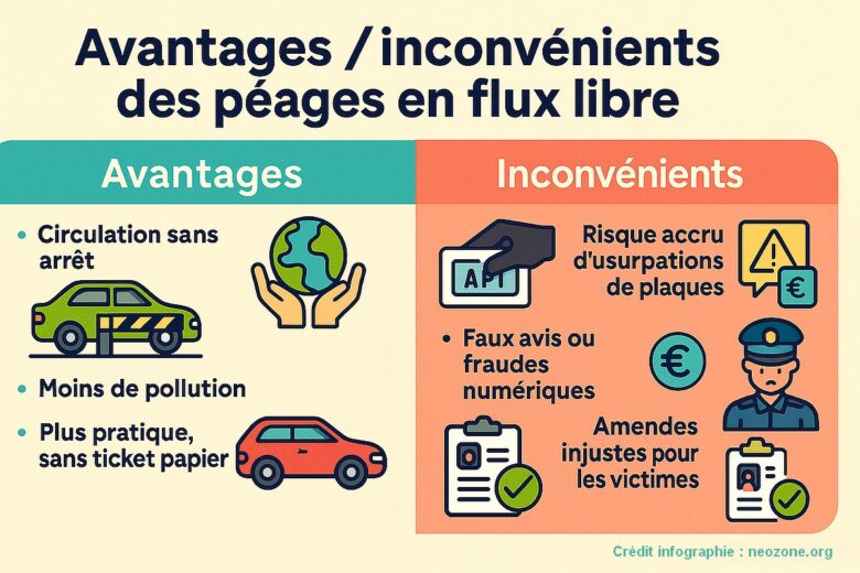 Infographie : avantages et inconvénients des péages en flux libre, entre fluidité de circulation et risques accrus d’usurpation de plaques d’immatriculation.