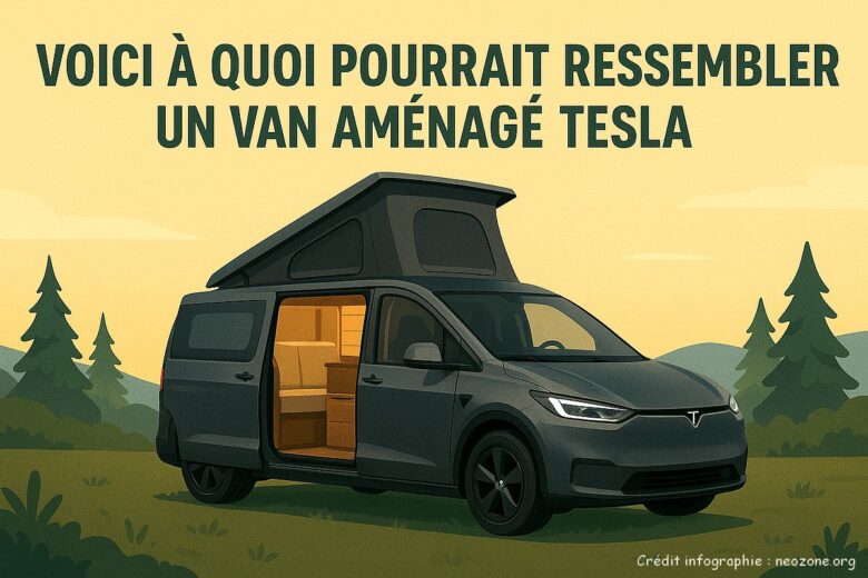 Infographie : concept visuel d’un van aménagé Tesla imaginé par une IA, avec design futuriste et toit relevable, dans un décor naturel.