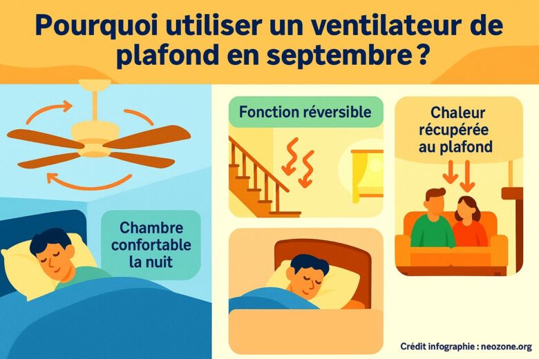 Infographie : pourquoi continuer à utiliser un ventilateur de plafond en septembre ? Fonction réversible, confort nocturne et chaleur redistribuée pour prolonger le bien-être à la maison.