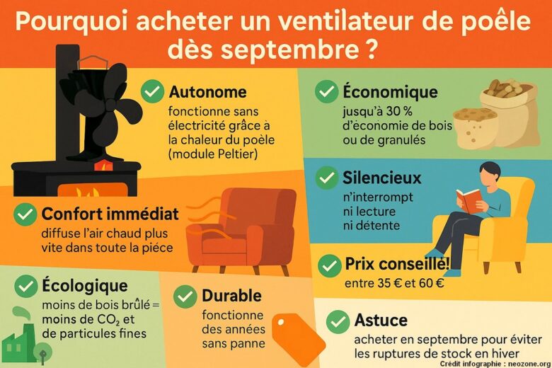 Infographie : avantages et fonctionnement d’un ventilateur de poêle pour mieux diffuser la chaleur et réduire la consommation de bois ou de gaz.