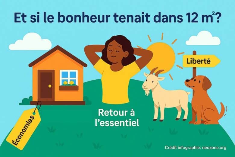 Infographie : vivre en tiny house toute l’année, pour troquer le superflu contre des chèvres, des chiens et une bonne dose de liberté.
