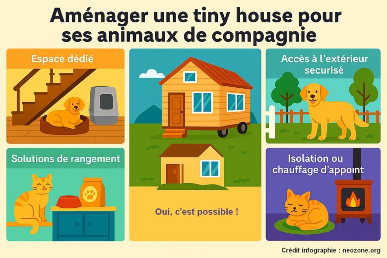 Infographie : aménagements malins pour vivre en tiny house avec ses animaux de compagnie en optimisant chaque espace et leur confort.