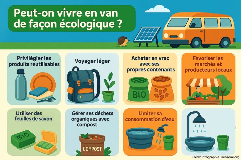 Infographie : astuces simples et efficaces pour rendre la vie en van plus écologique au quotidien, entre consommation responsable, gestion des déchets et économie d’eau.