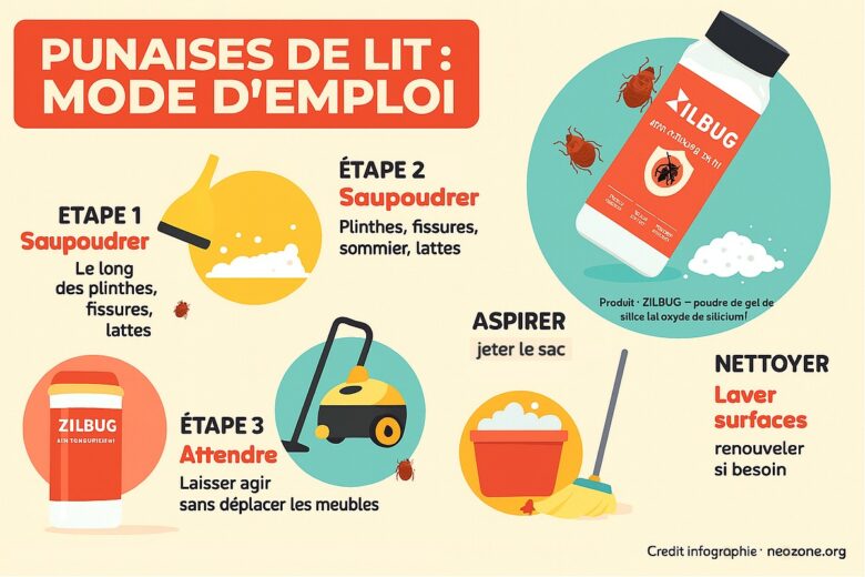 Infographie : comment utiliser efficacement Zilbug pour éliminer les punaises de lit de manière naturelle et durable.