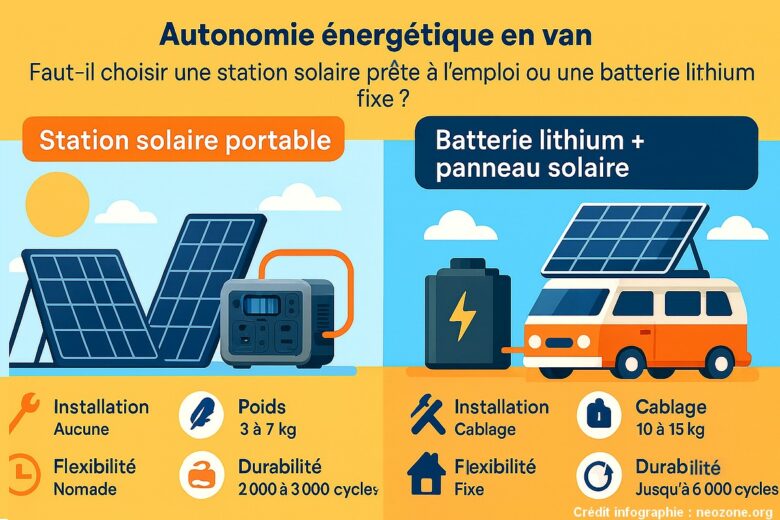 Infographie : comparatif entre station solaire portable et batterie lithium fixe pour assurer l’autonomie énergétique en van.