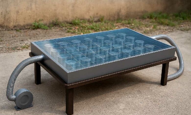 Le système intègre sous les modules solaires des capsules cylindriques de matériaux à changement de phase pour le transfert thermique.