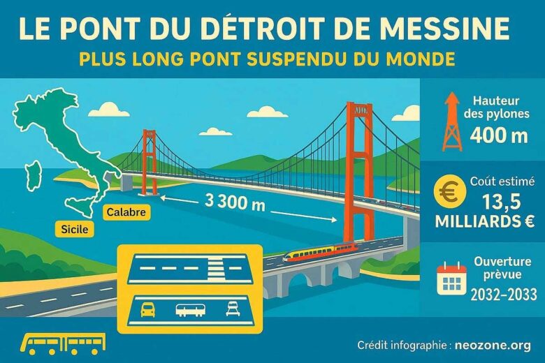 Infographie : l'Italie en passe d'héberger le plus long pont suspendu au monde.