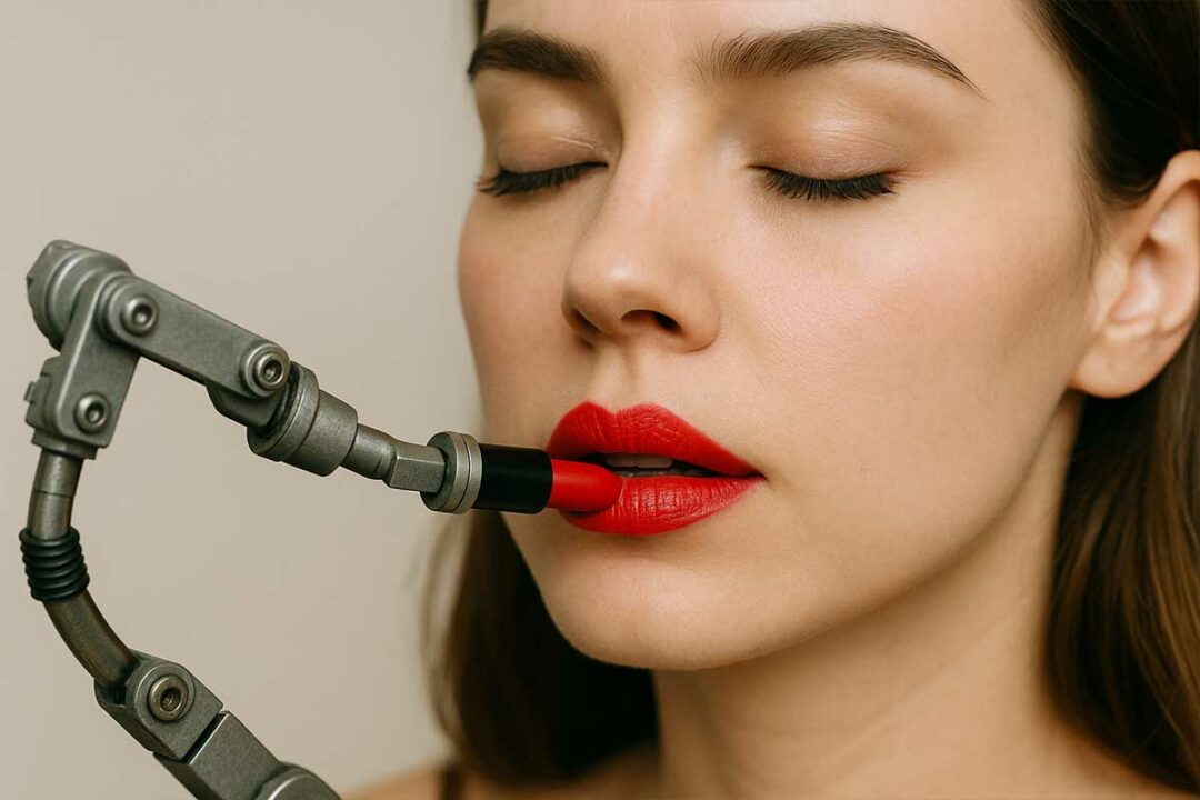Un robot applique du rouge à lèvres sur une femme.