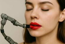 Un robot applique du rouge à lèvres sur une femme.