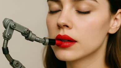 Un robot applique du rouge à lèvres sur une femme.