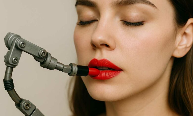 Un robot applique du rouge à lèvres sur une femme.