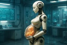 Un robot porte un enfant humain dans son ventre.
