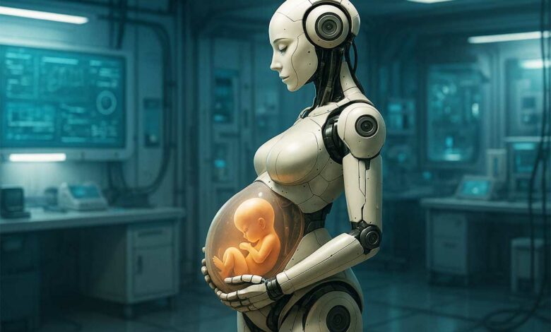 Un robot porte un enfant humain dans son ventre.