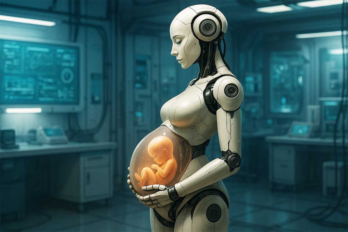 Un robot porte un enfant humain dans son ventre.