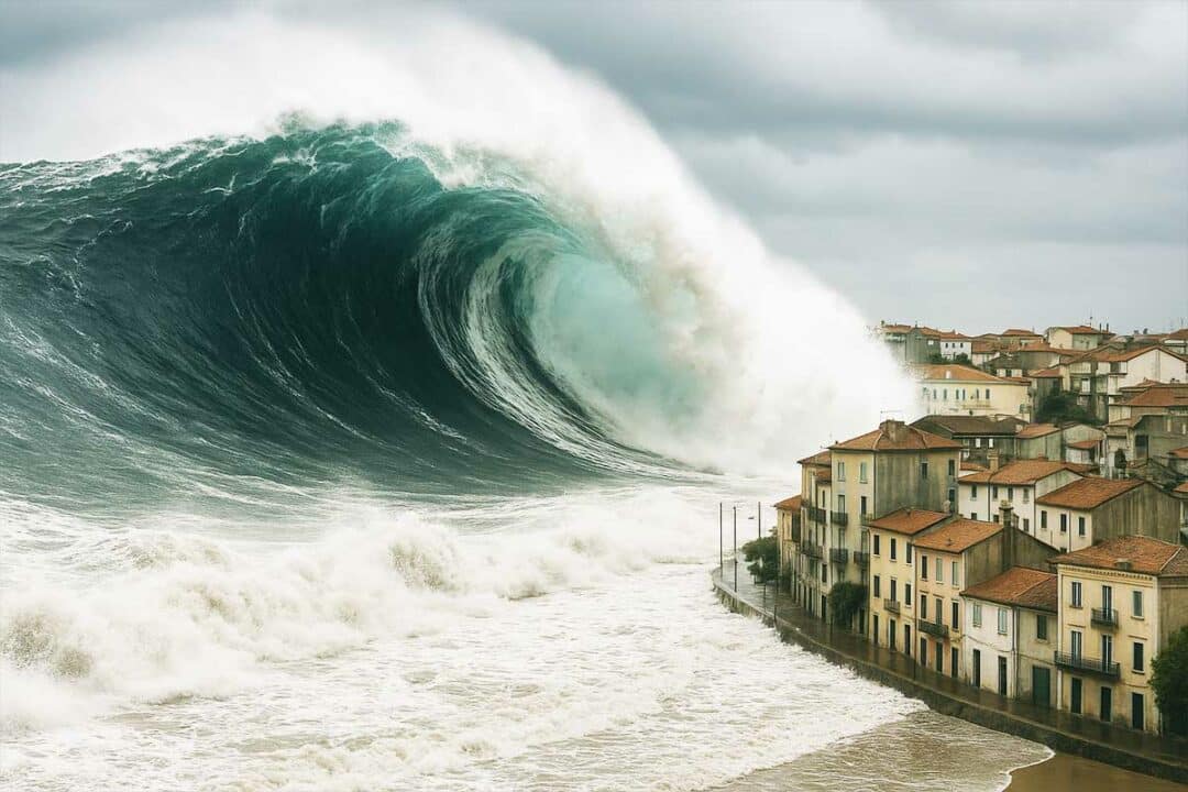 Un tsunami frappe une région côtière.