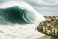 Un tsunami frappe une région côtière.