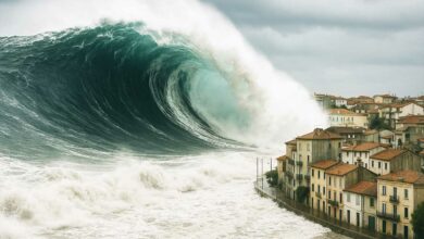Un tsunami frappe une région côtière.