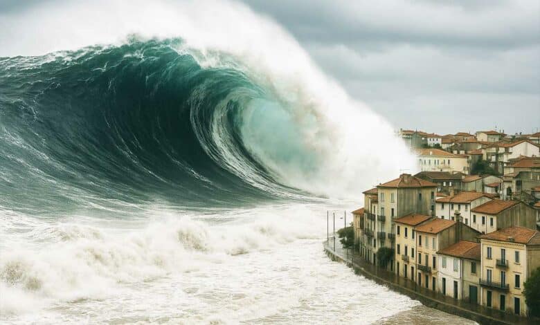 Un tsunami frappe une région côtière.