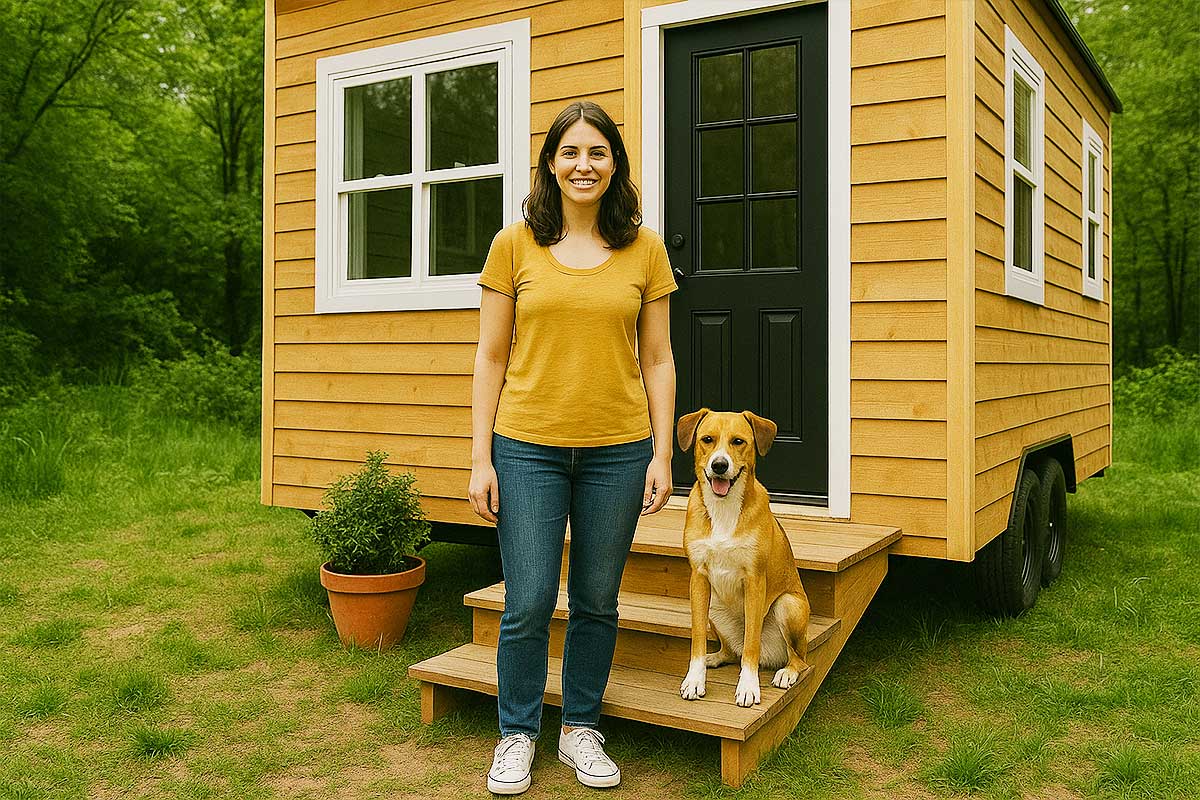 Une femme et son chien devant une tiny house.