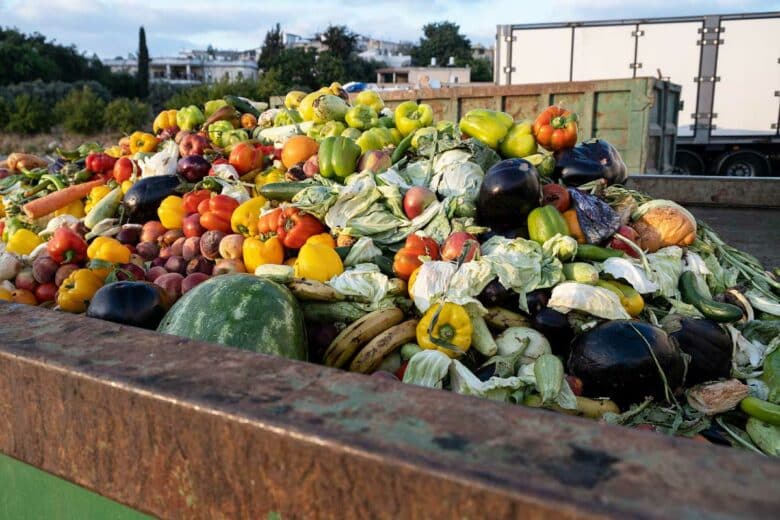 Des fruits et légumes dans une benne.