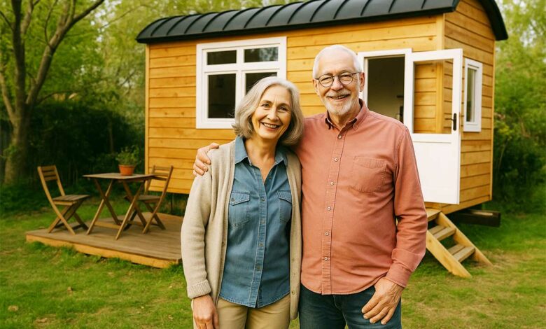 Un couple de retraités devant leur tiny house.