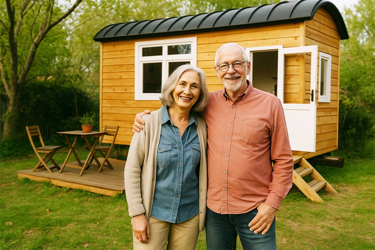 Un couple de retraités devant leur tiny house.