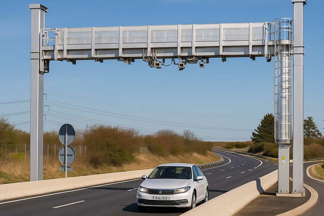 Une voiture passe un péage en flux libre.