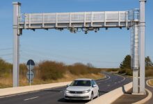 Une voiture passe un péage en flux libre.