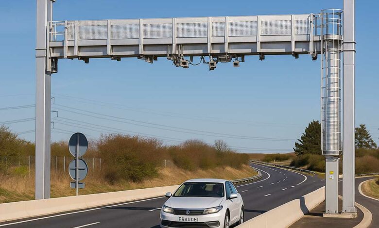 Une voiture passe un péage en flux libre.