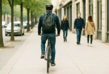 Un cycliste roule sur le trottoir.