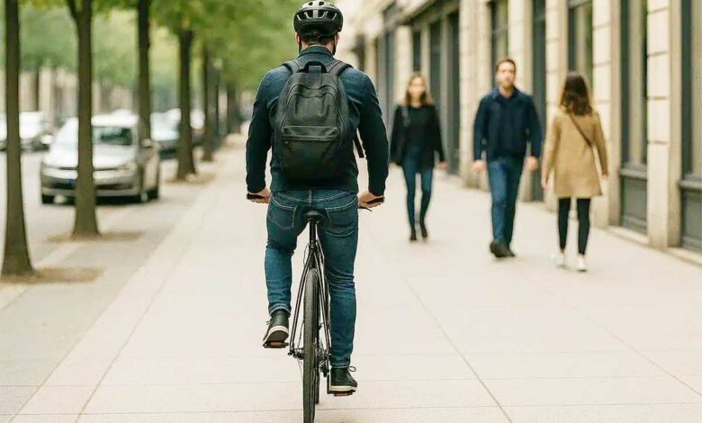 Un cycliste roule sur le trottoir.